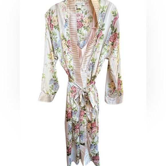 Vintage Christian Dior striped silk Floral robe and nightgown - Picture 8 of 9